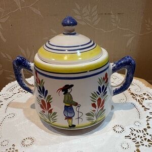 Henriot Quimper Pierre Deux Ceramic Sugar Bowl & Lid with Handles